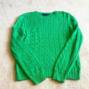 Ralph Lauren green cable knit sweater with pink horse